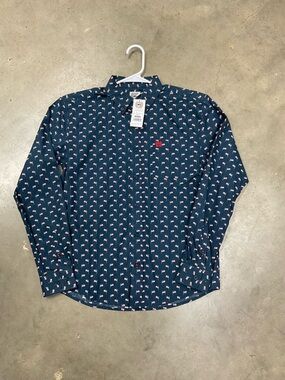 Cinch Navy Button-Down Shirt with Red Flag Motif